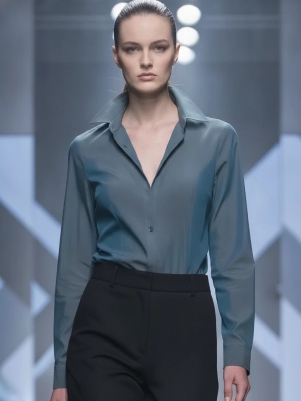 NASTRA European Luxury Slate Blue 100% Cotton Button Down Shirt Blouse